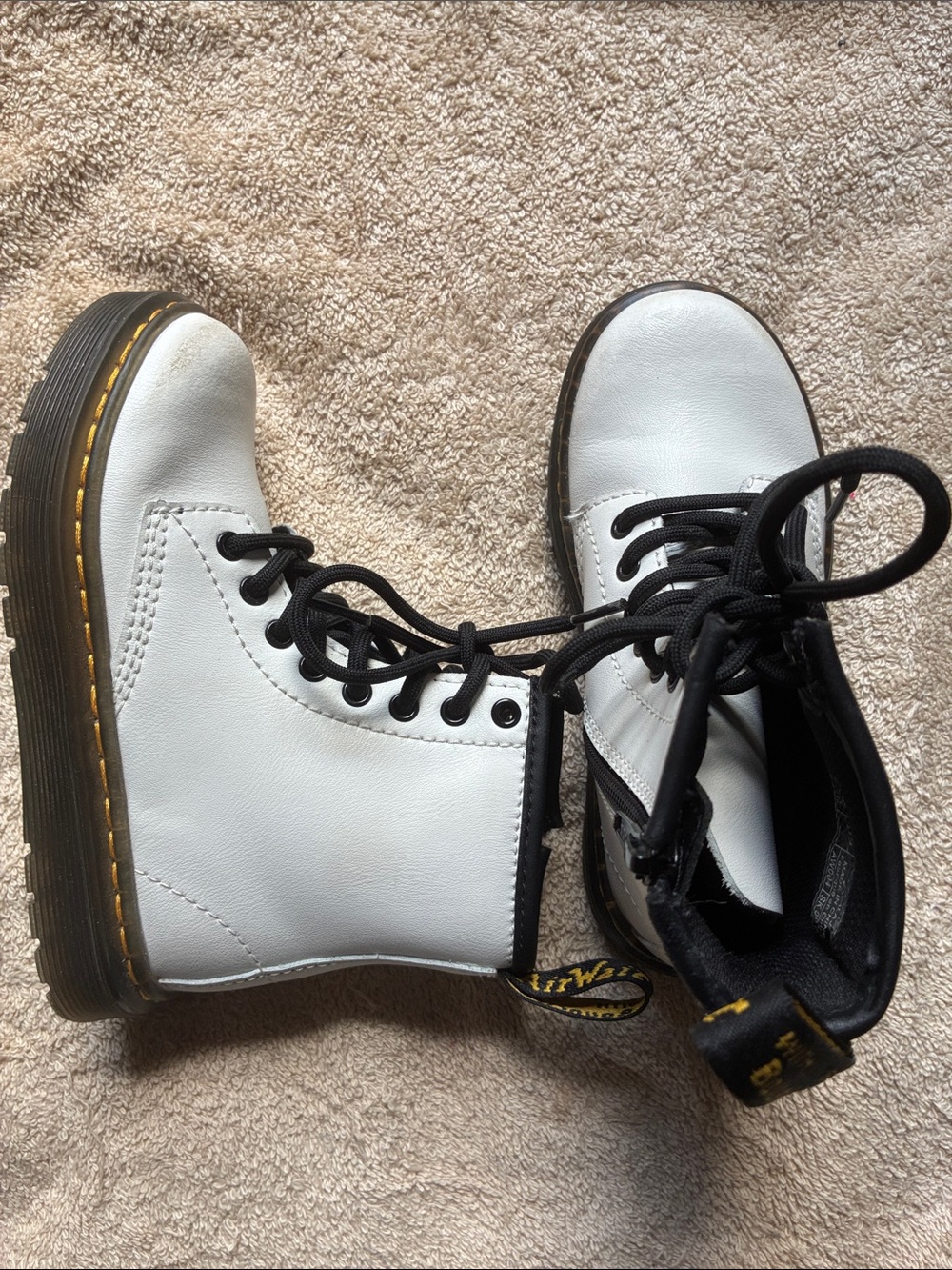 Dr. Martens 11 Kids White Lace-Up Combat Boots with Black Accents
